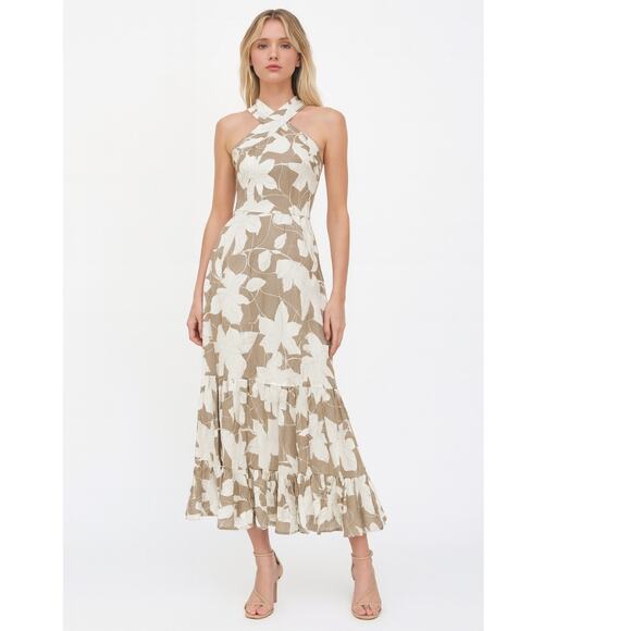 Eddy Cotton Floral Halter Maxi Dress Medium Taupe NEW - Picture 1 of 10